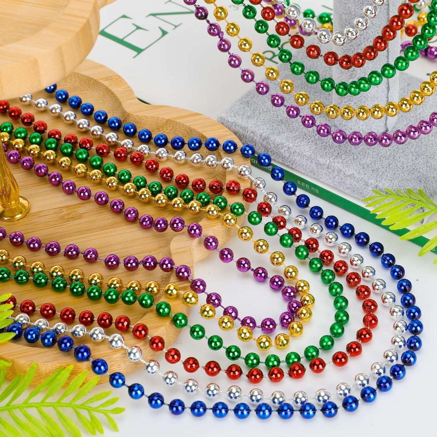 Mardi Gras Beads, 24PCS Metallic Colorful Bead Necklace Party Favors, 6 Kinds of 33'' Beaded Necklace Costume Women Men Stuff, F