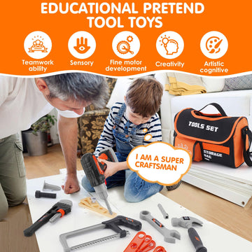 Kids Tool Set- 48PCS Toddler Tool Set Toys with Electronic Toy Drill, Tool Bag&Tool Belt&Tape Measure, Pretend Play Kids Constru