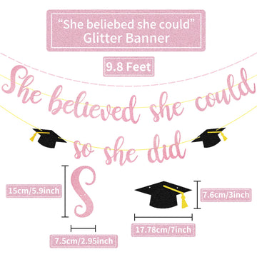 She Believed She Could So She Did Banner Decorations - Pink Glitter She Did It 2024 Garland Graduation Bunting Banner, Congrats
