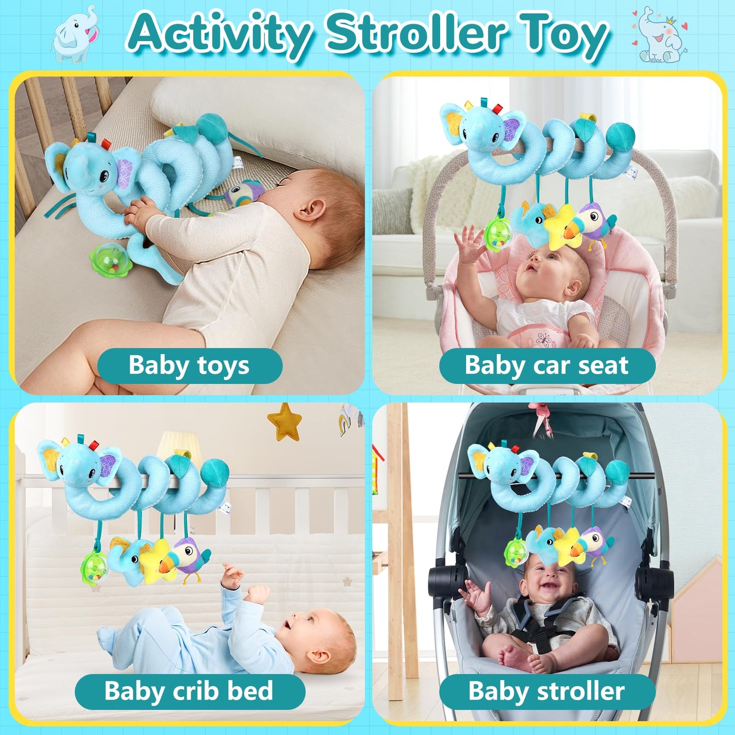 Car Seat & Stroller Toys For Boys Girls 0 3 6 9 Months,Infant Activity Spiral Hanging Plush Toys,Hanging Rattle Toys For Crib Mo