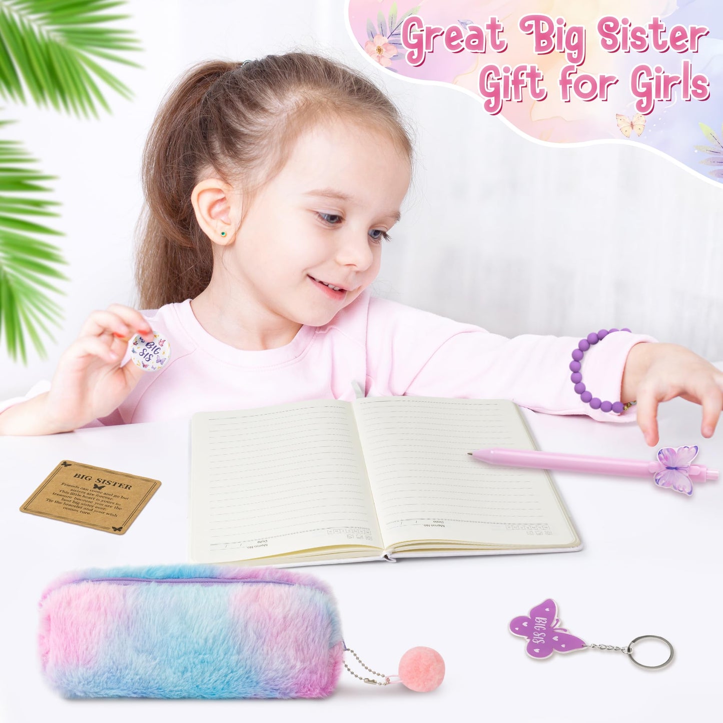 Cy2Side Big Sister Gifts For Girls, 7Pcs In My Big Sis Era Announcement Set Include Butterfly Notebook Pen Plush Pouch Keychain