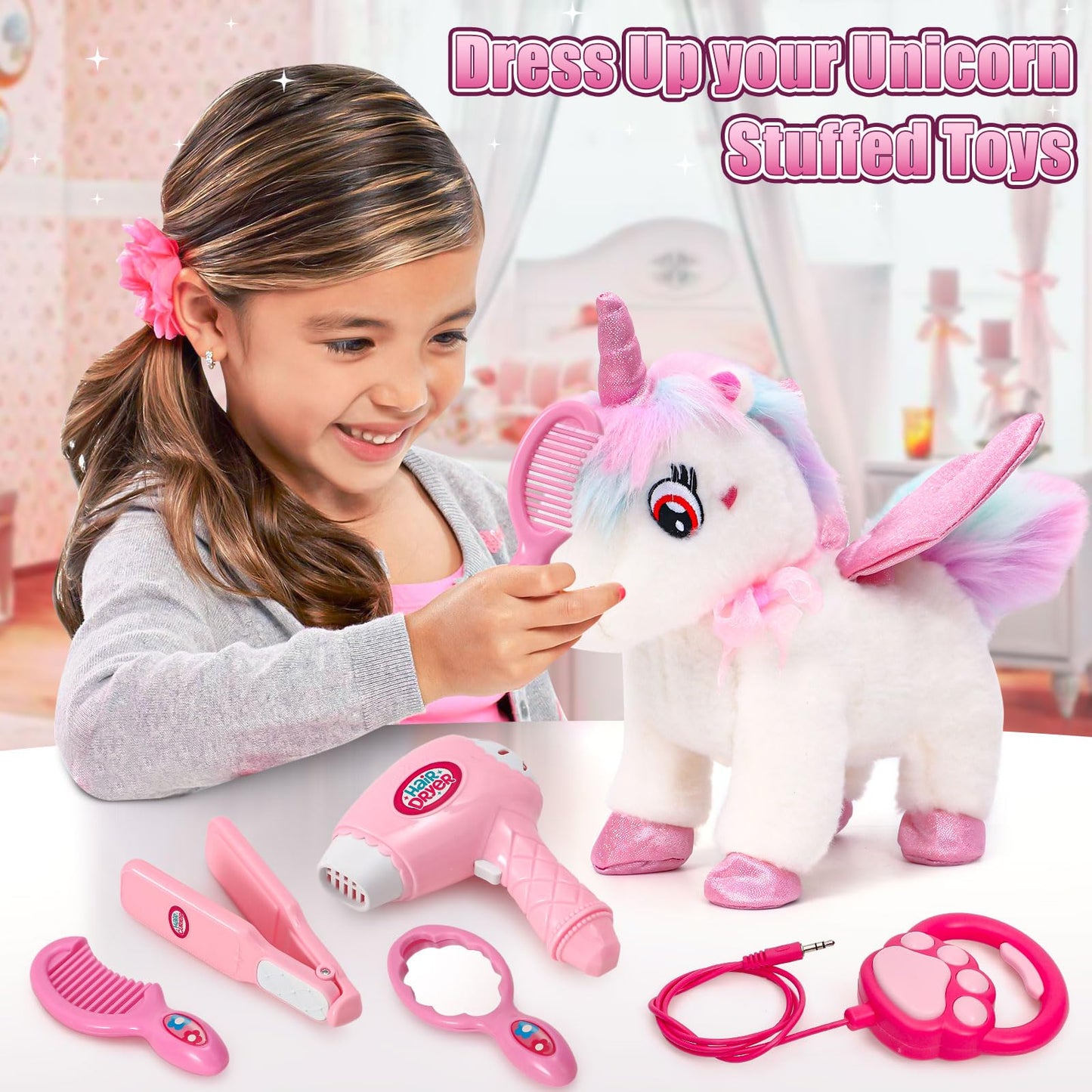 G.C Unicorns Gifts For Girls Toys 3 4 5 6 Year Old, Walking Talking Electronic Interactive Remote Control Plush Unicorn & Costume, Pretend Play Pet Care Toy Birthday Gift For Toddler Kid Girl Age 3+