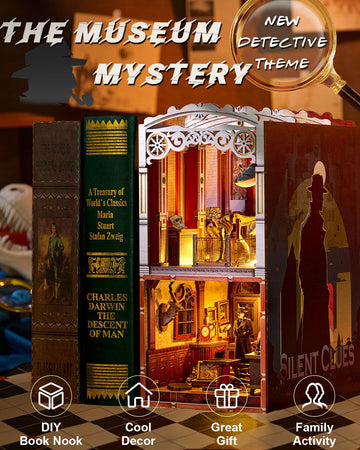 OurMiao Book Nook Kit Detective, DIY Miniature Booknook Kit for Adults with LED Lights, 3D Wooden Puzzles Bookshelf Insert Decor