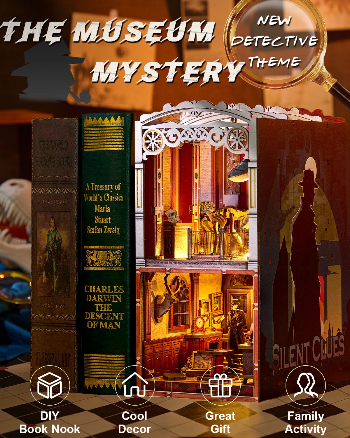 OurMiao Book Nook Kit Detective, DIY Miniature Booknook Kit for Adults with LED Lights, 3D Wooden Puzzles Bookshelf Insert Decor