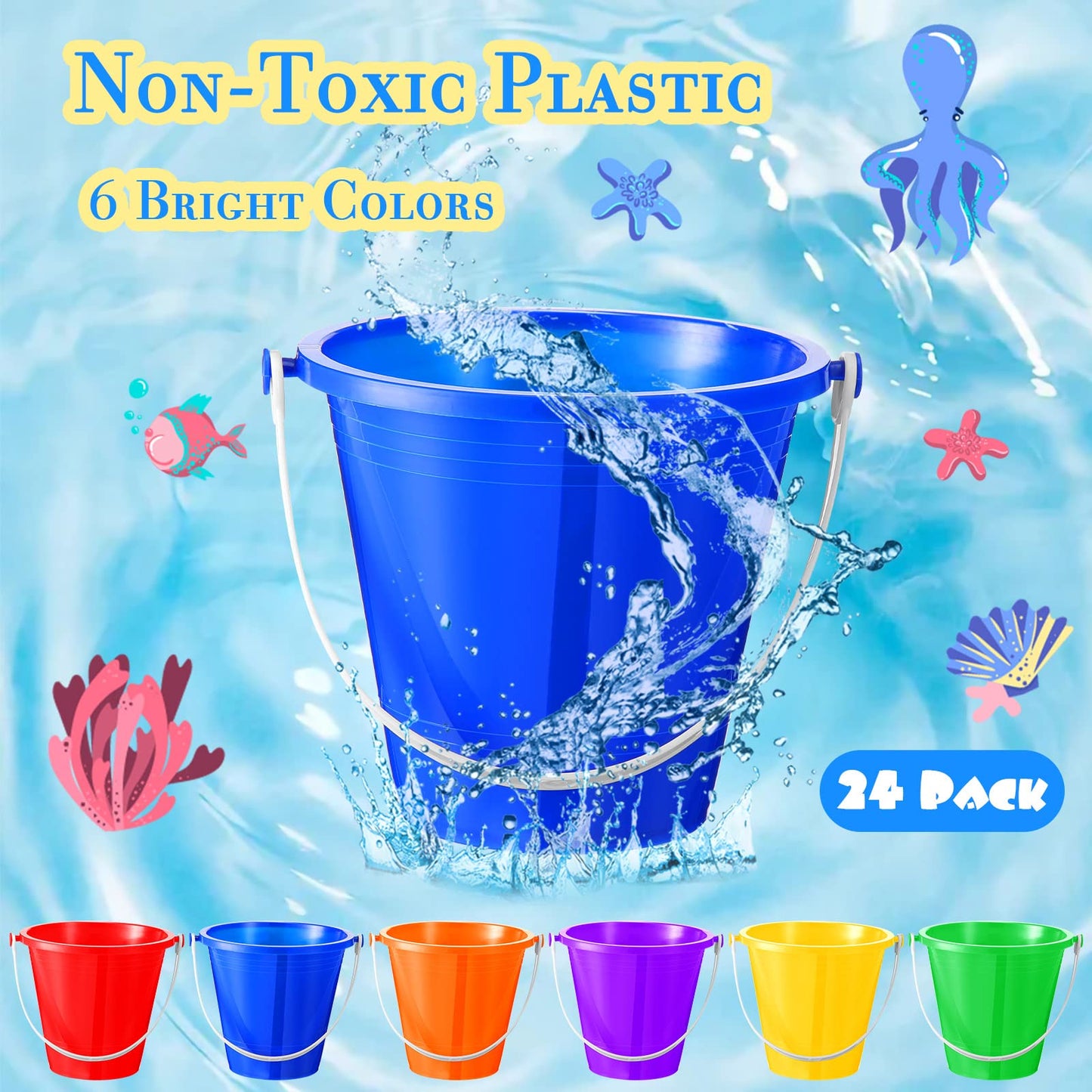 Sratte Beach Sand Buckets and Shovels Sets for Boys Girls, Plastic Beach Pails Sand Toys for Summer Pool Party Favors(24 Packs)
