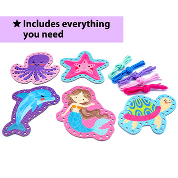 Krafun Beginner Mermaid Lacing Card Kit For Kids Arts & Crafts, 5 Easy Mermaid, Animal Lacing Projects, Lacing Cards For Toddlers, Fine Motor Preschool Skills Toys