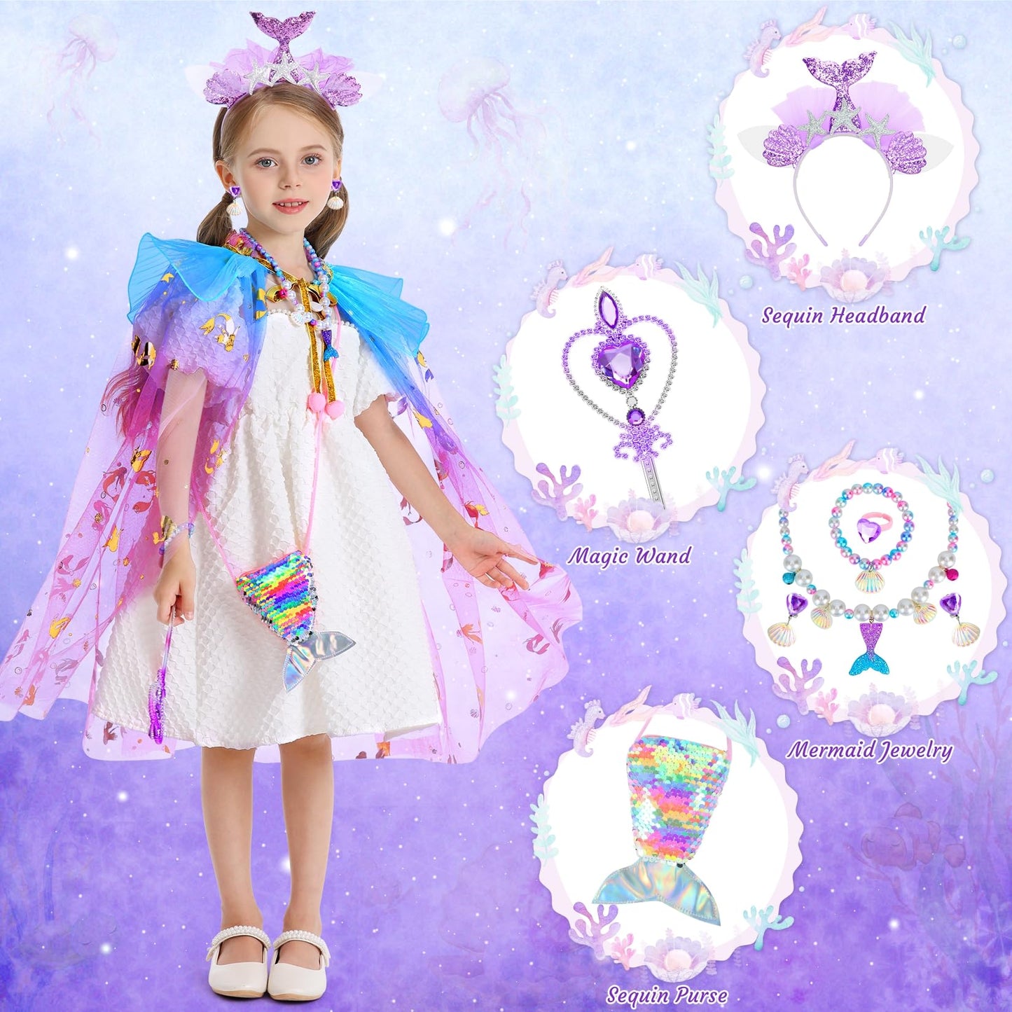Hapgo Mermaid Toys Princess Dress Up Clothes For Girls 4-6, Mermaid Cape, Princess Costume For Birthday, Halloween