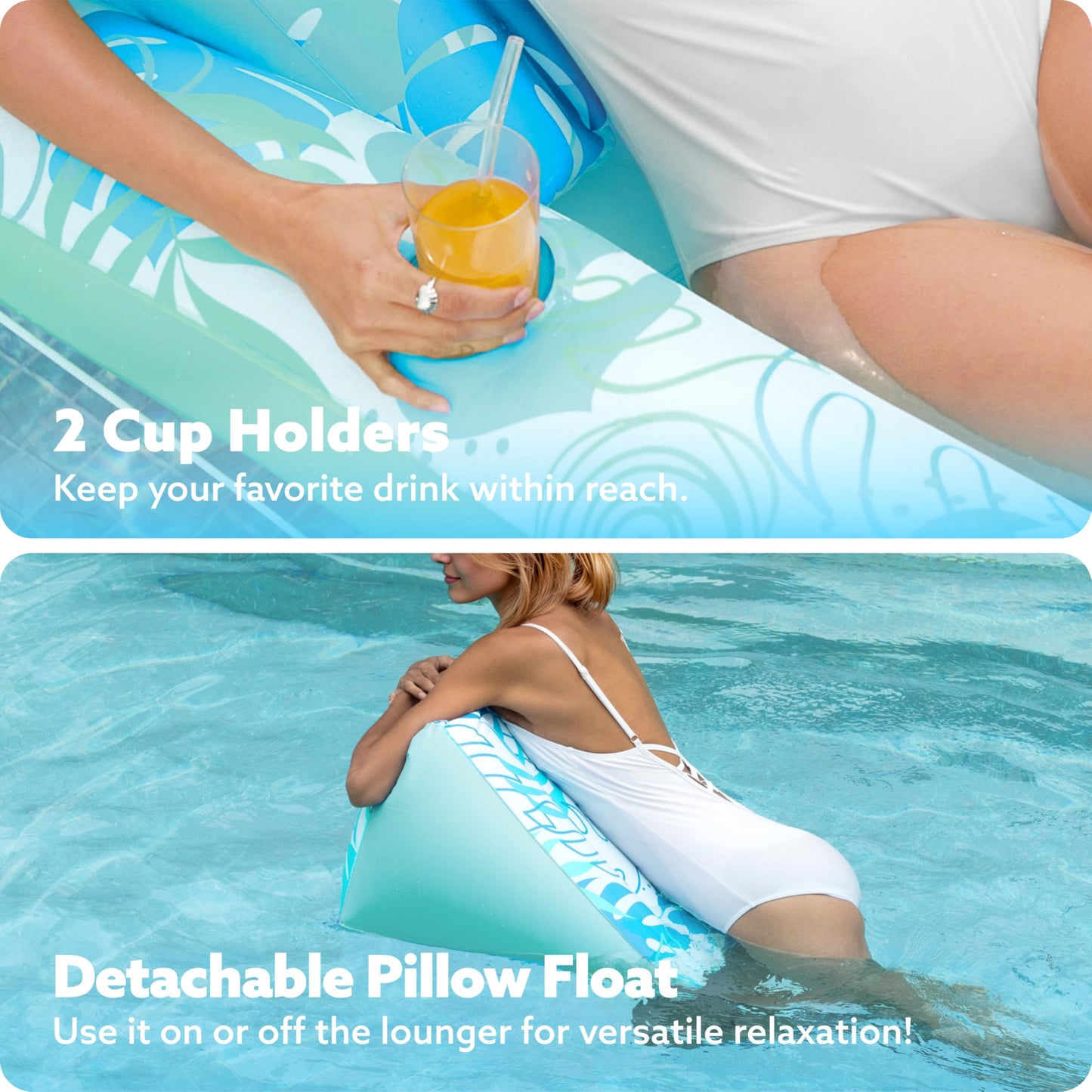Sloosh Inflatable Tanning Pool Lounger Float,72'' X 38'' Daybed Pool Floats Adults With Cup Holders, Adjustable Backrest Tanning