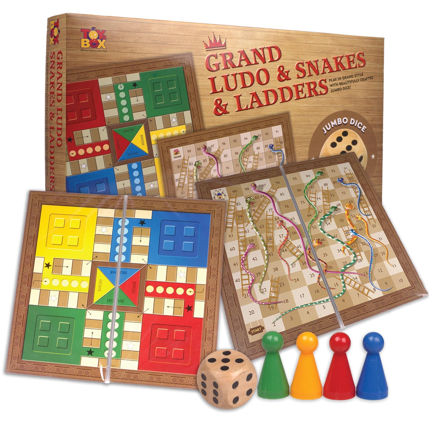 Toysbox Grand Ludo And Snakes & Ladders Board Game With Jumbo Size Wooden Dice To Play With Kids And Adults