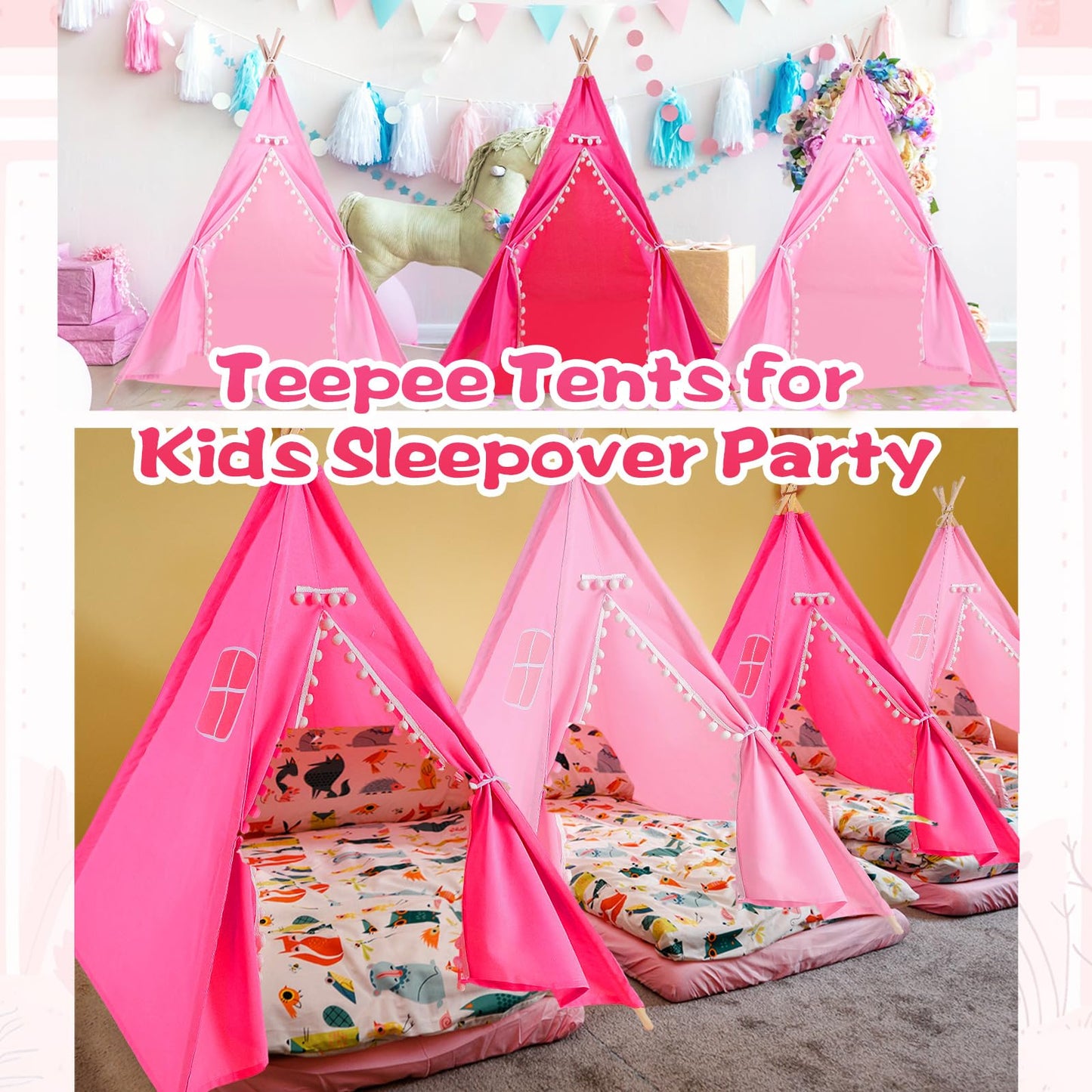 Windyun 6 Pcs Kids Teepee Tent Foldable Washable Indoor Outdoor For Boys Girls Toddler Boho Sleepovers Birthday Pajama Party Spa