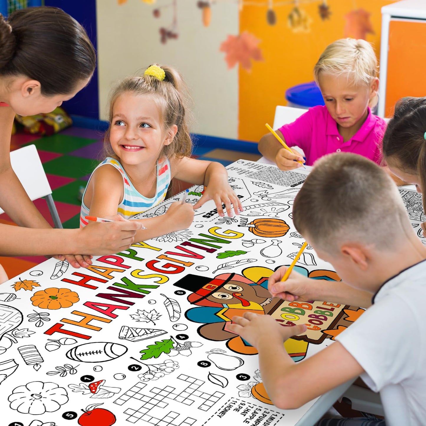 Family Fun Thanksgiving Activity Poster - 31.5 X 72 Inches, Turkey-Themed Thanksgiving Day Party, Versatile Paper Coloring Banne