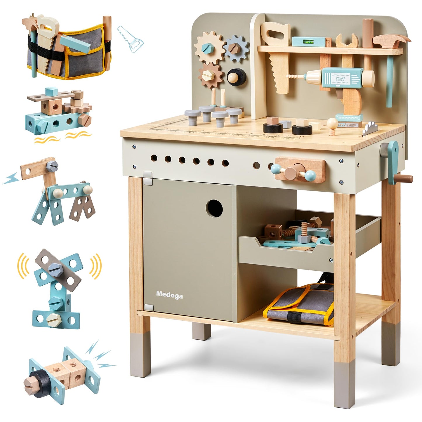Kids Tool Bench,Wooden Play Tools Set with Kids Tool Belt Toddlers Workbench Pretend Construction Tools Set Wooden Toy Drill Gif