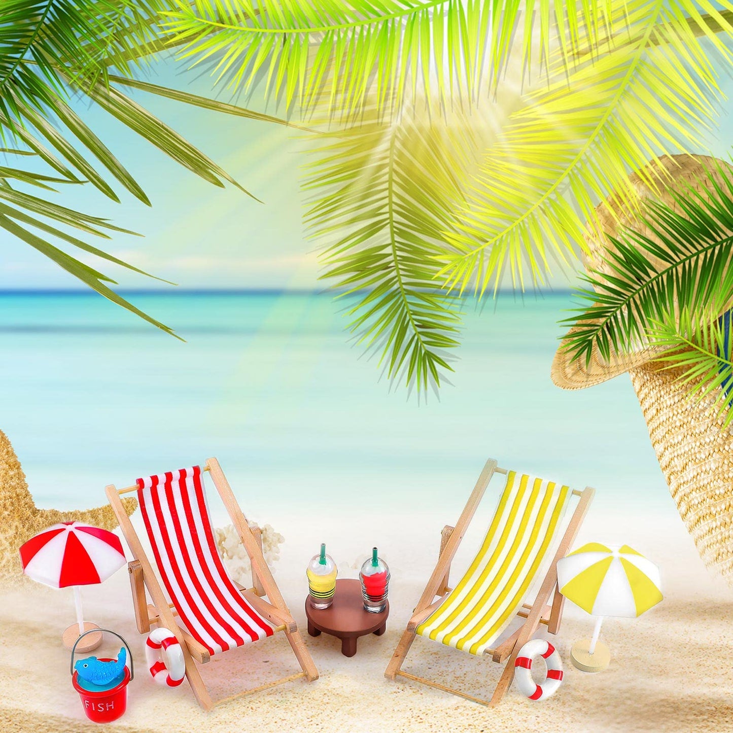 Minatee 25 Pcs Beach Miniature Dollhouse Decoration, Umbrella Palm Chair Miniature Toys Garden Decorations Dollhouse Outdoor Acc