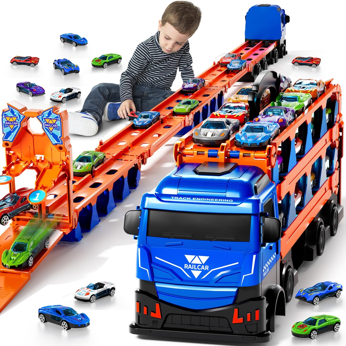 MSKOLER 78.7-Inch Racing Car Railway Truck Toy for Boys 2 3 4 5 6 7 Years Old - Transport Carrier Trucks, Foldable Tracks Storag