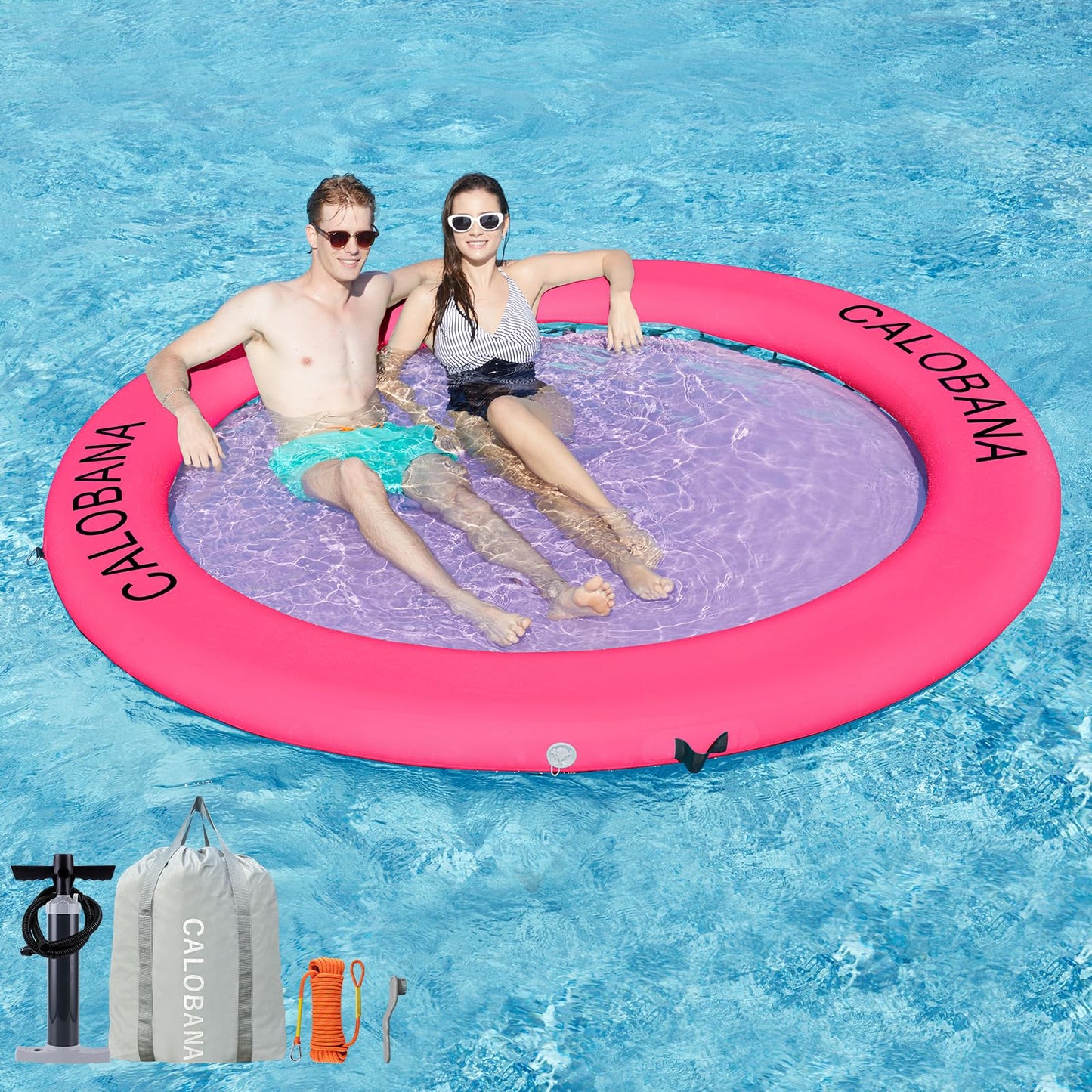 CALOBANA 8ft Round Inflatable Dock, Heavy Duty Water Hammock Floating Ring Island Platform Lake Raft for Adults Party Tanning Po