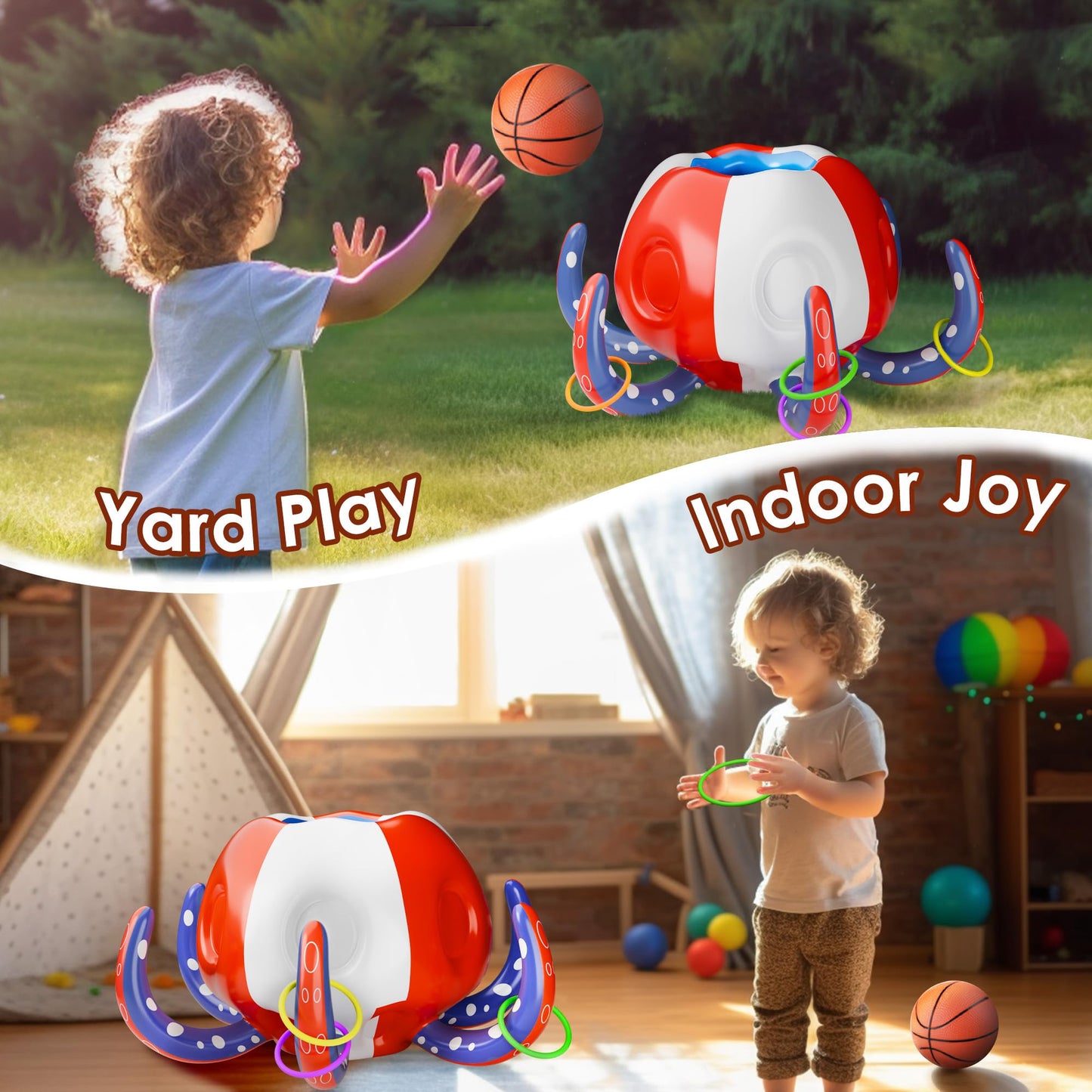 Iplay, Ilearn Pool Wave Kids Octopus Pool Toys, 2-In-1 Inflatable Float Water Game Basketball Hoop Ring Toss Outdoor Swim Cool Summer Family Party Gift 3 4 5 6 7 8 Yr Old Boy Girl Child-Blue Red White