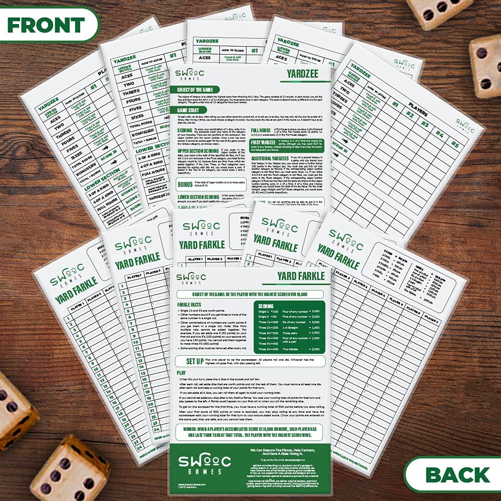 Swooc Games - 5 Big Laminated Yardzee & Farkle Score Cards (11.5In X 8In) With Rules - Large Reusable Dry Erase Pads For Giant O