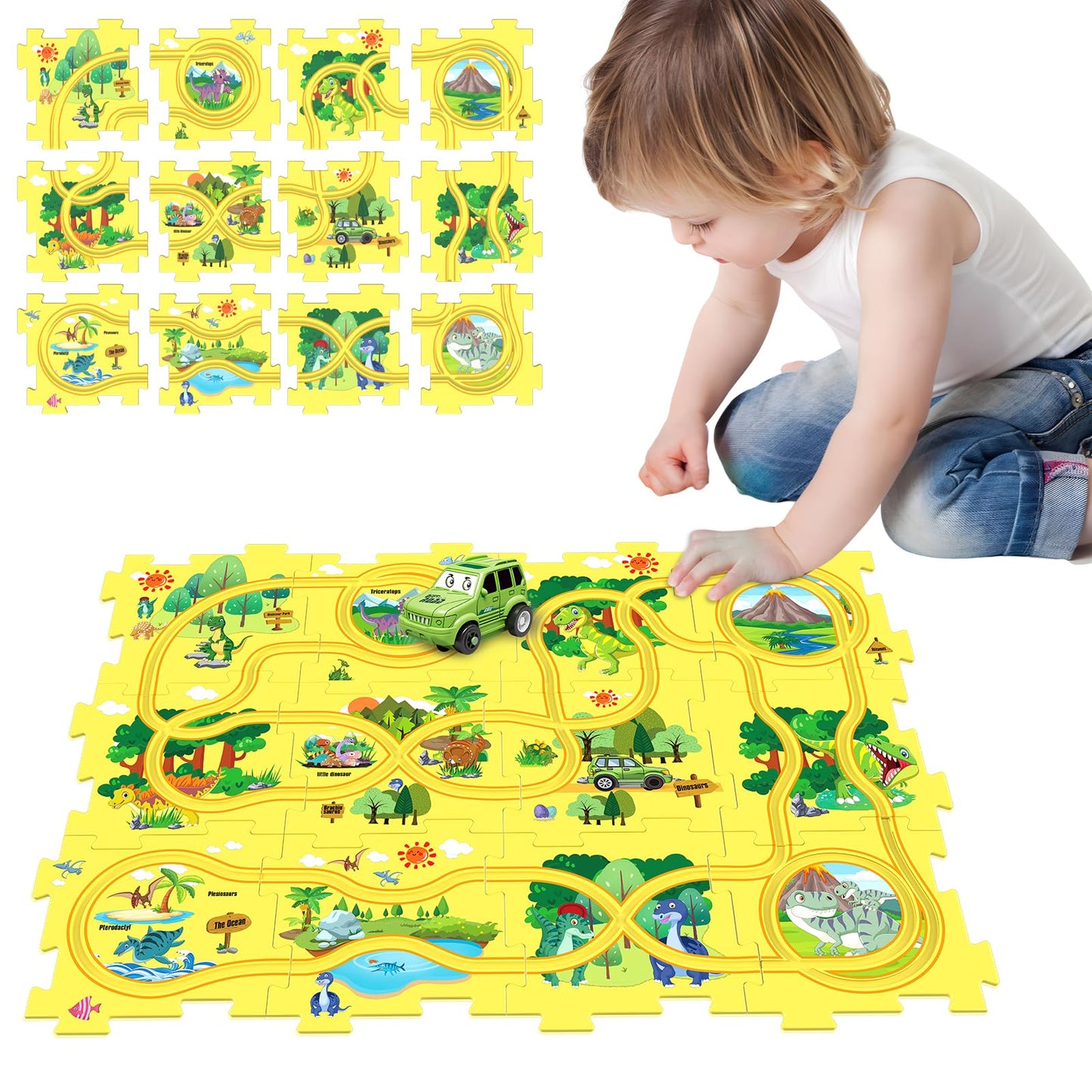 Puzzle Track Car Play Set, Puzzles For Kids Ages 3-5, Toddler Puzzle Board And Rail Car Combo, Educational Toys For 3 4 5 6 Year