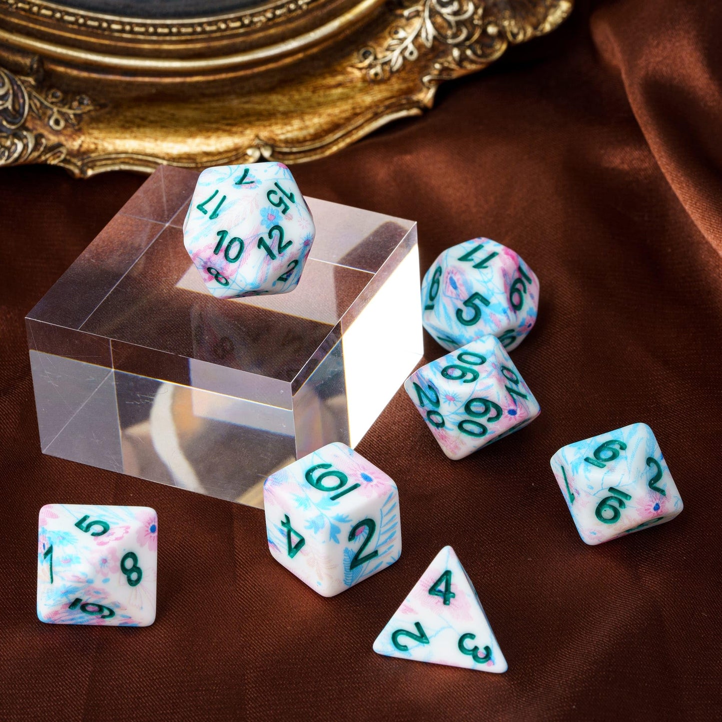 HDdais DND Dice Set, 7PCS Polyhedral Dice Set for Dungeons and Dragons, D&D Dice with Pink Flower Pattern for Role Playing Game