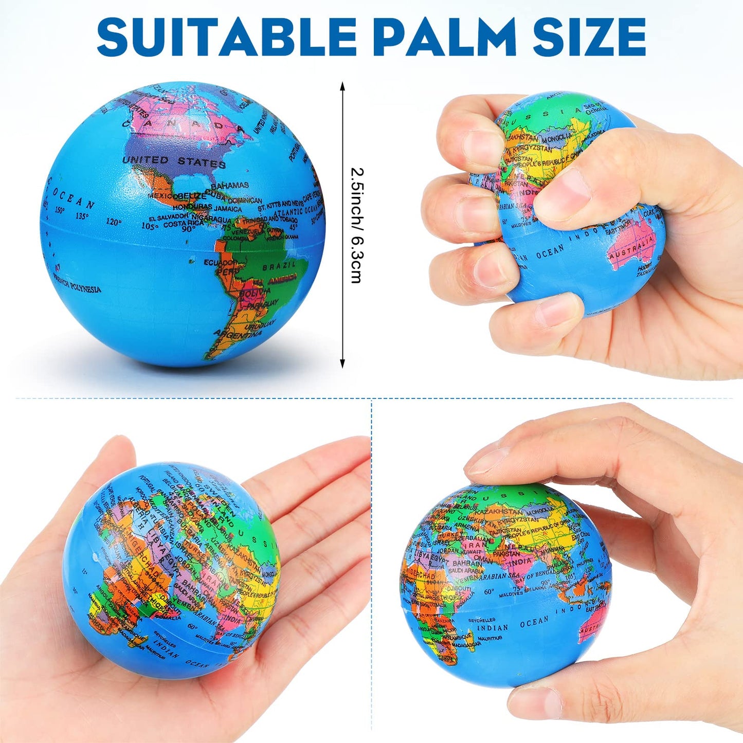 Vinsot 60 Pack Globe Squeeze Balls Bulk 2.5 Inch Mini Globe Stress Balls Earth Bouncy World Earth Relief Stress Toys For Finger Exercise School Classroom Office Party Favors