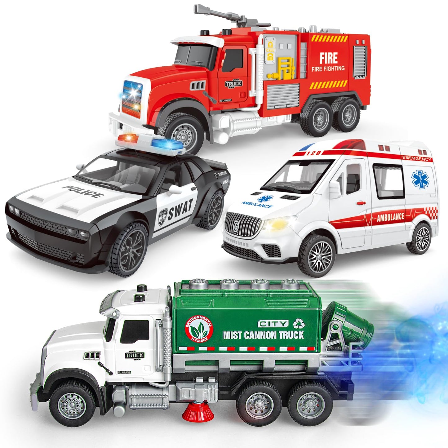Yalujumb 4 Packs Emergency Vehicle Toy Playsets, Including Garbage Truck Play Police Car,Ambulance and Fire Truck with Spray,Lig