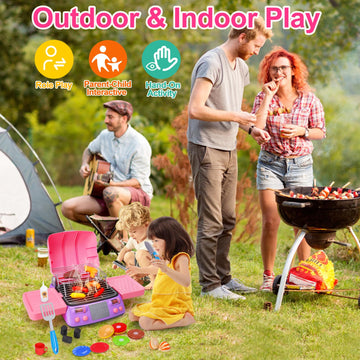 Girls BBQ Grill Playset with Pretend Smoke Sound Light Kids Pink Kitchen Toy Age 2-4 3-5 4-8 Toddler Camping Cooking Set Play Fo
