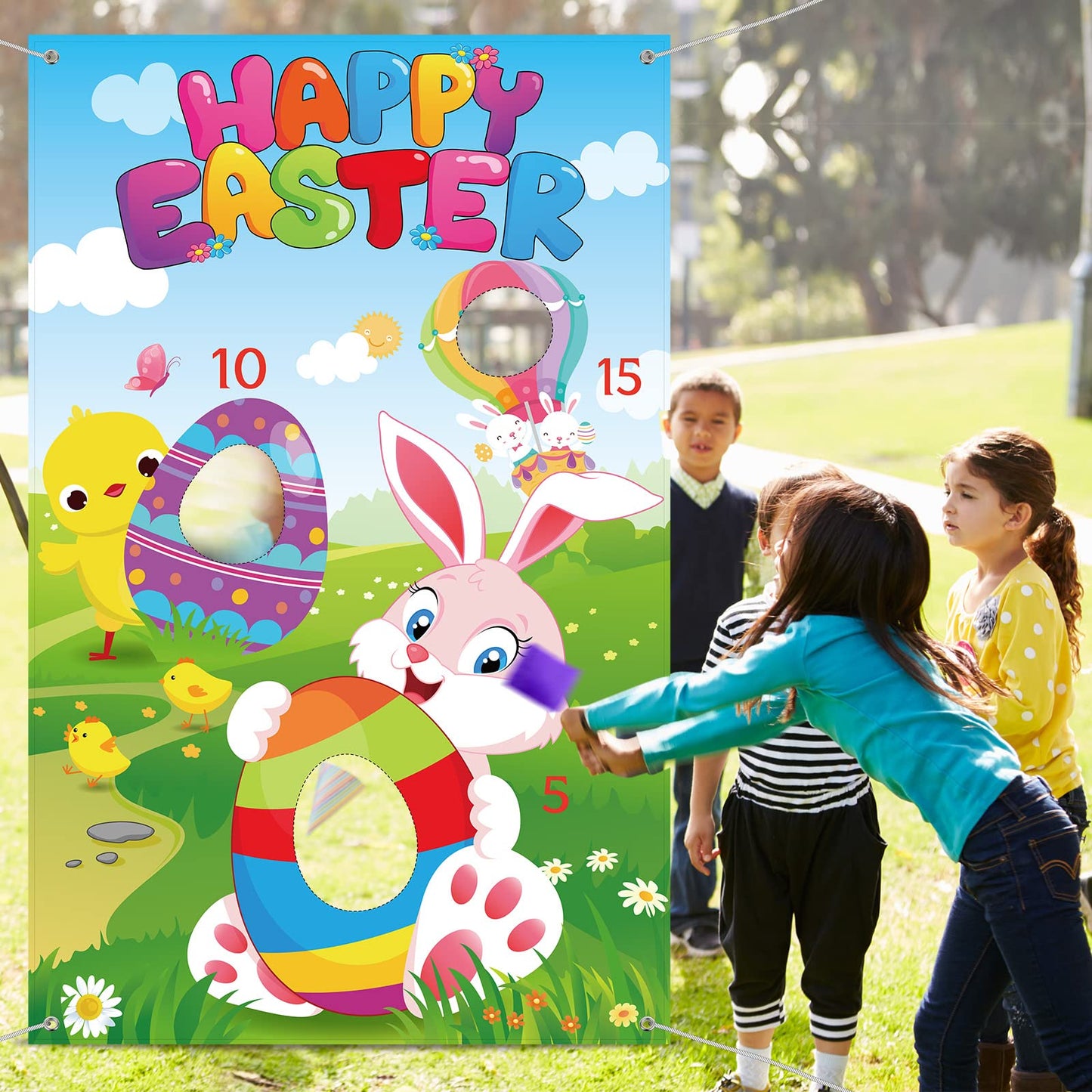 Tatuo Easter Toss Game With 3 Bean Bags Funny Bunny And Easter Egg Banner 34 X 53 Inches Spring Bean Bag Game Sets For Indoor Ou
