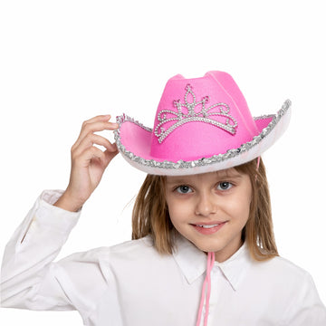 Spooktacular Creations 2 Pack Pink Cowboy Hat with Crown Blinking, Halloween Children's Pink Tiara Felt Cowboy Hats Accessories