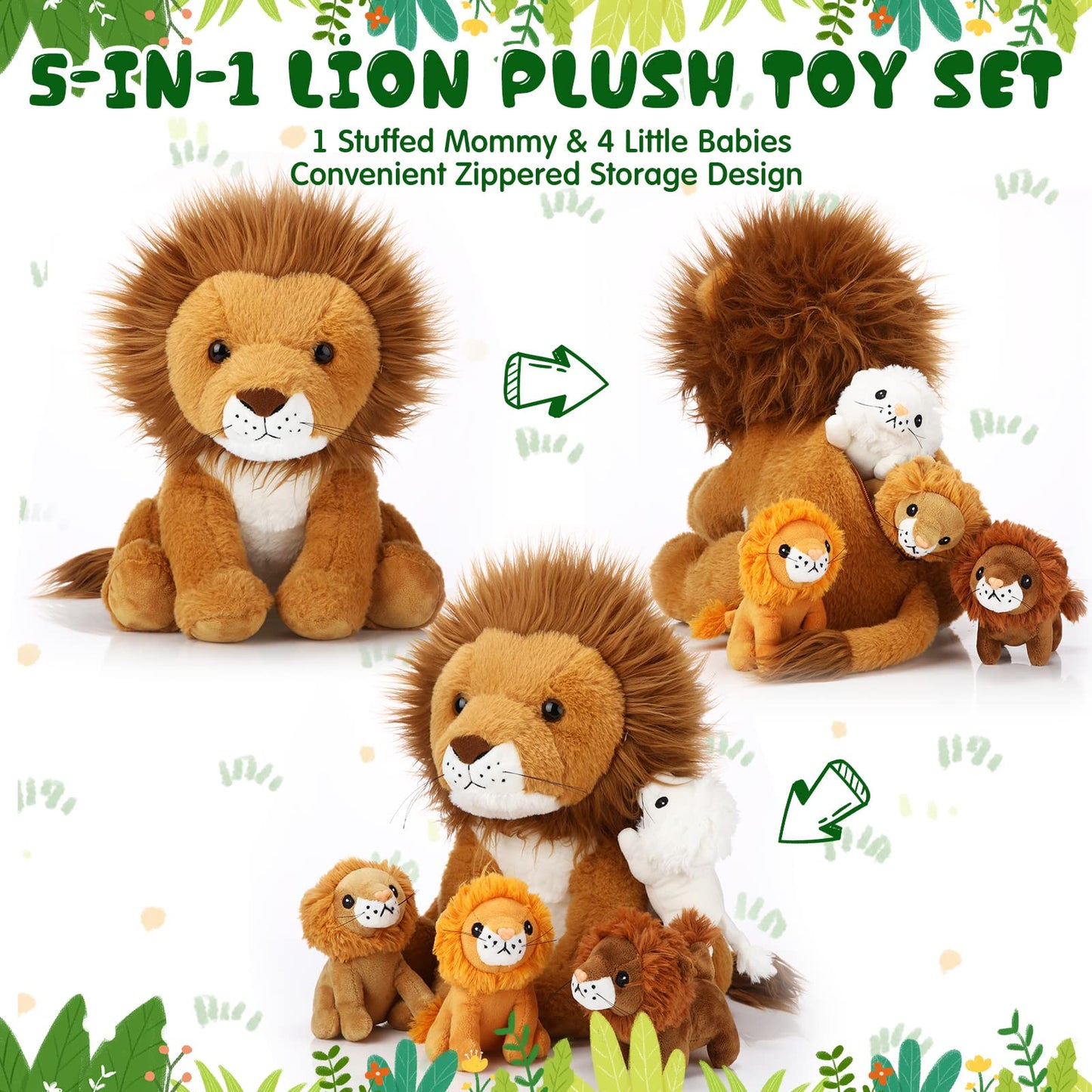 Honoson 5 Pcs Lion Plush Set Large Lion Stuffed Animal With 4 Cute Baby Lions In His Zippered Back Soft Cuddly Lion Plushie Boys
