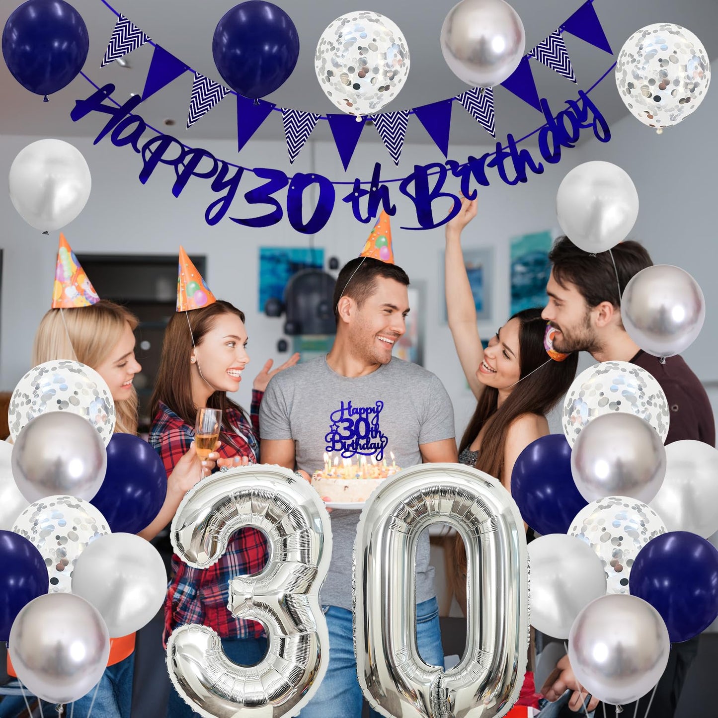 30Th Birthday Decorations For Men, Navy Blue Silver 30Th Birthday Balloons With Blue Happy 30Th Birthday Banner 30 Birthday Cake