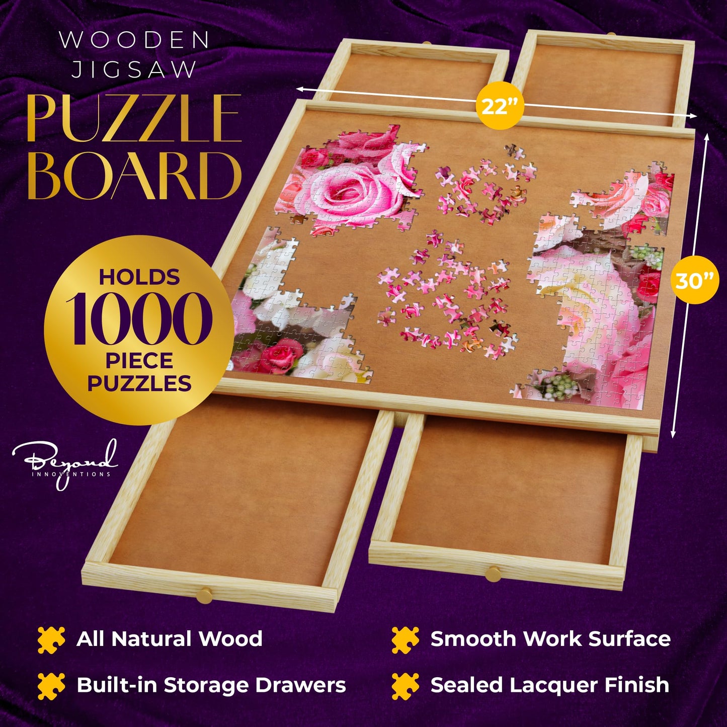 1000 Piece Wooden Jigsaw Puzzle Board - 4 Drawers, Non-Rotating Puzzle Table | 30 X 22 Jigsaw Puzzle Tables | Plastic Cove