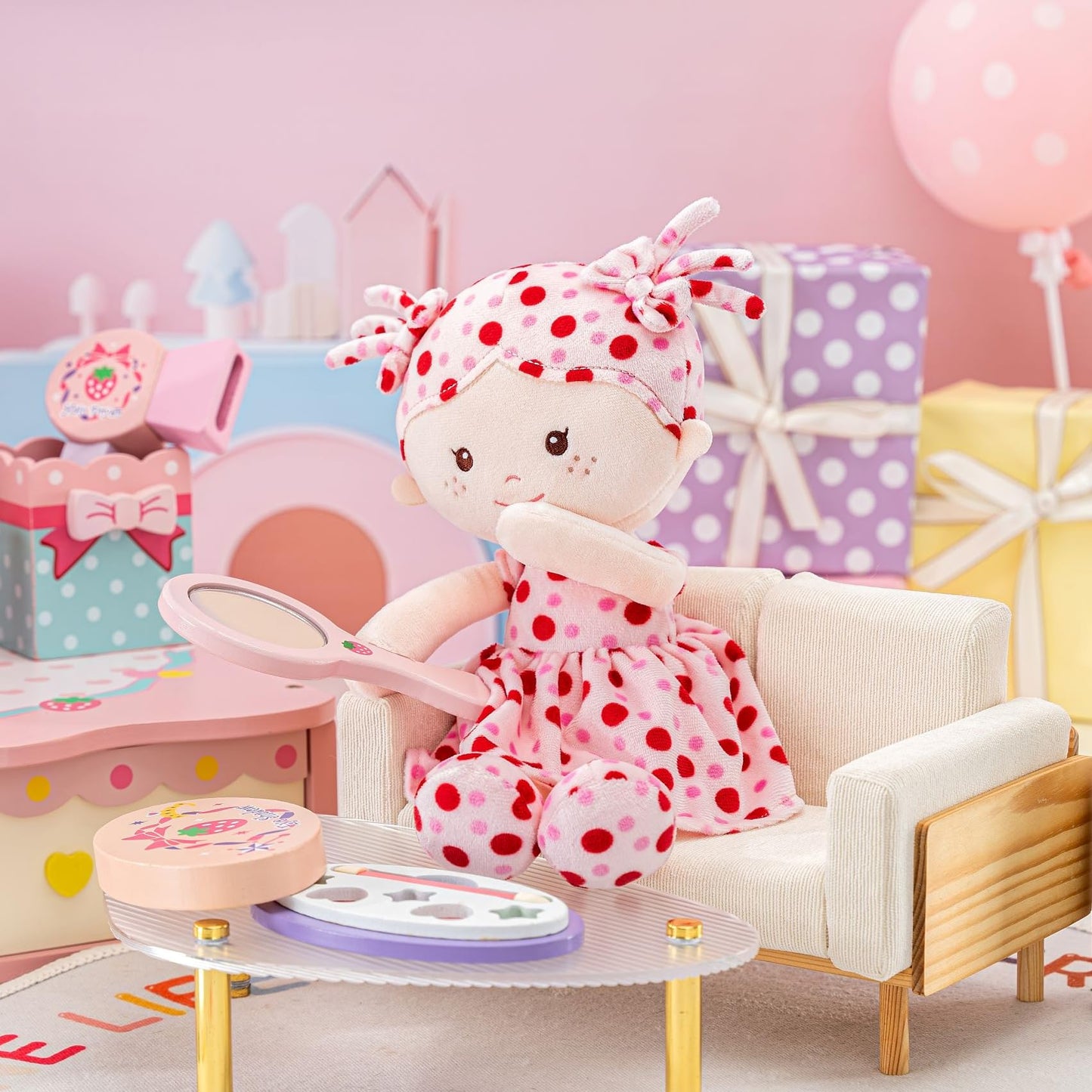 Onetoo First Baby Doll Soft Baby Doll For Girls Plush Rag Doll Sleeping Cuddle Buddy Doll Wear Pink Dress Red Polka Dot 14'