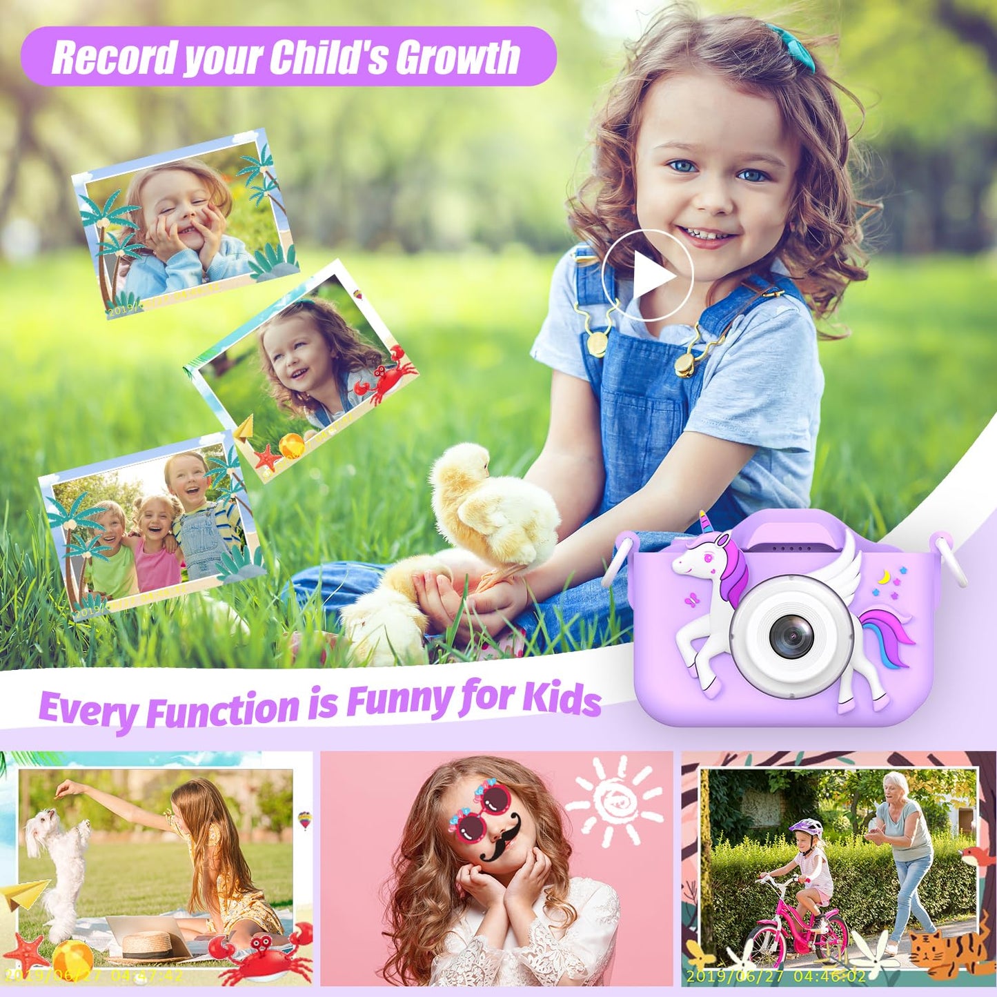 2024 Upgrade Unicorn Kids Camera For Girls, Christmas Birthday Gift For Girls Boys, 1080P Hd Selfie Digital Video Camera For Tod