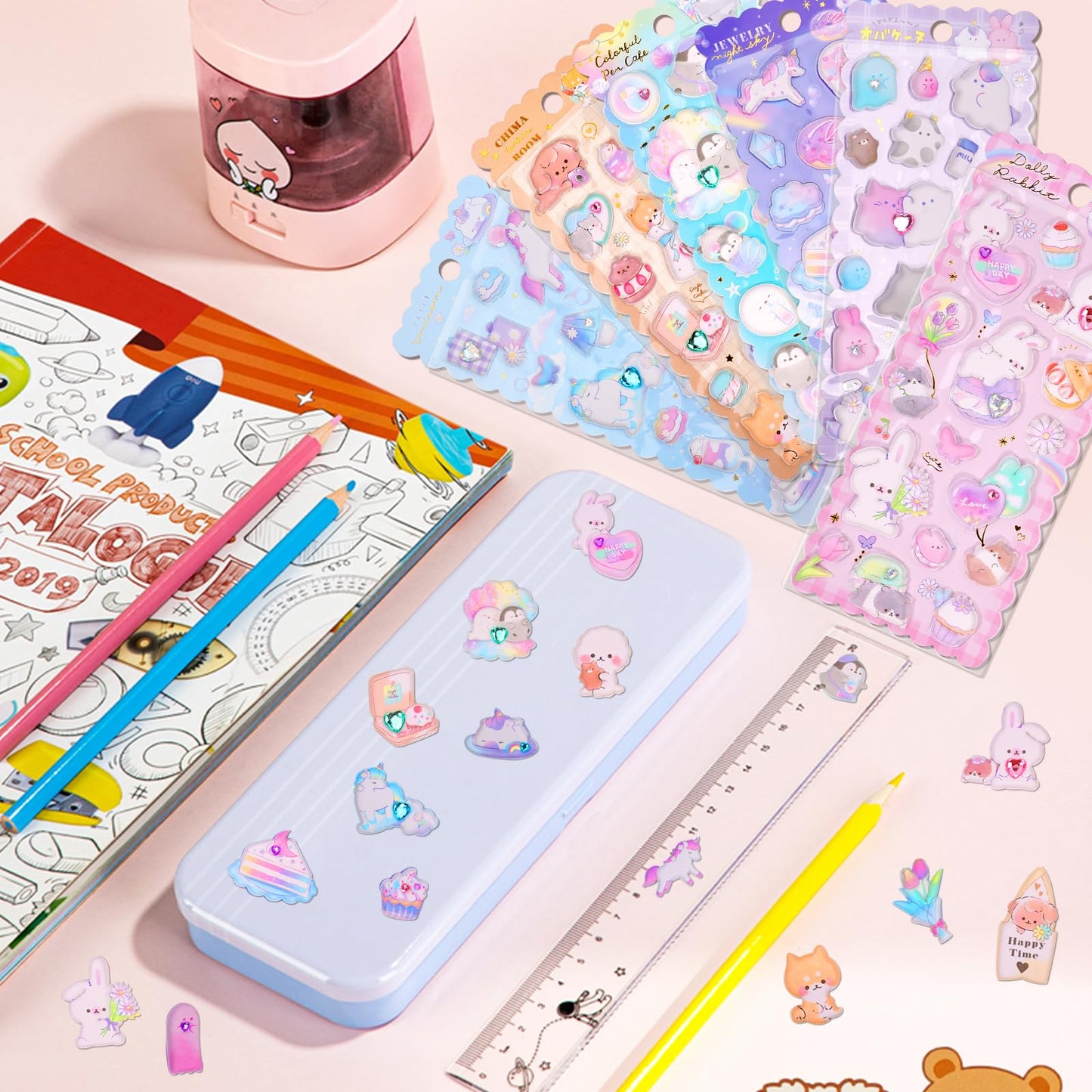 Shangrla Kawaii Puffy Stickers For Girls Kids,Cute 3D Textured Squishies Puffer Sticker Set For Notebook Stationary,Japanese Puff Large Stickers With Gem Embedded For Adults Teens,6 Sheets.