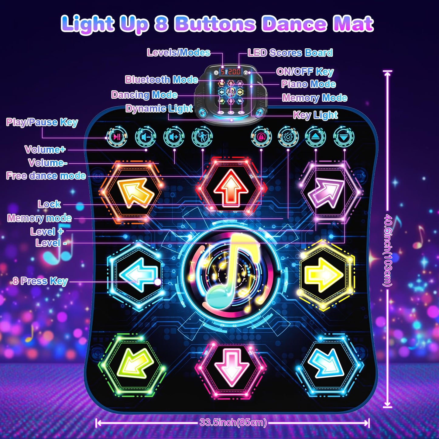 Dance Mat, 2024 Light Up 8-Button Dance Pad With Wireless Bluetooth, Flowing Light Control System With Stands, Kids Music Toys B