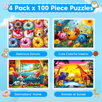 Ciavotie 4 Packs 100 Piece Puzzles for Kids Ages 4-6-8-10 Donuts Insects Dalmatians Animals Large Piece Jigsaw Puzzles for Children Senior mature-themed Educational Puzzle Toys Preschool Birthday Gifts