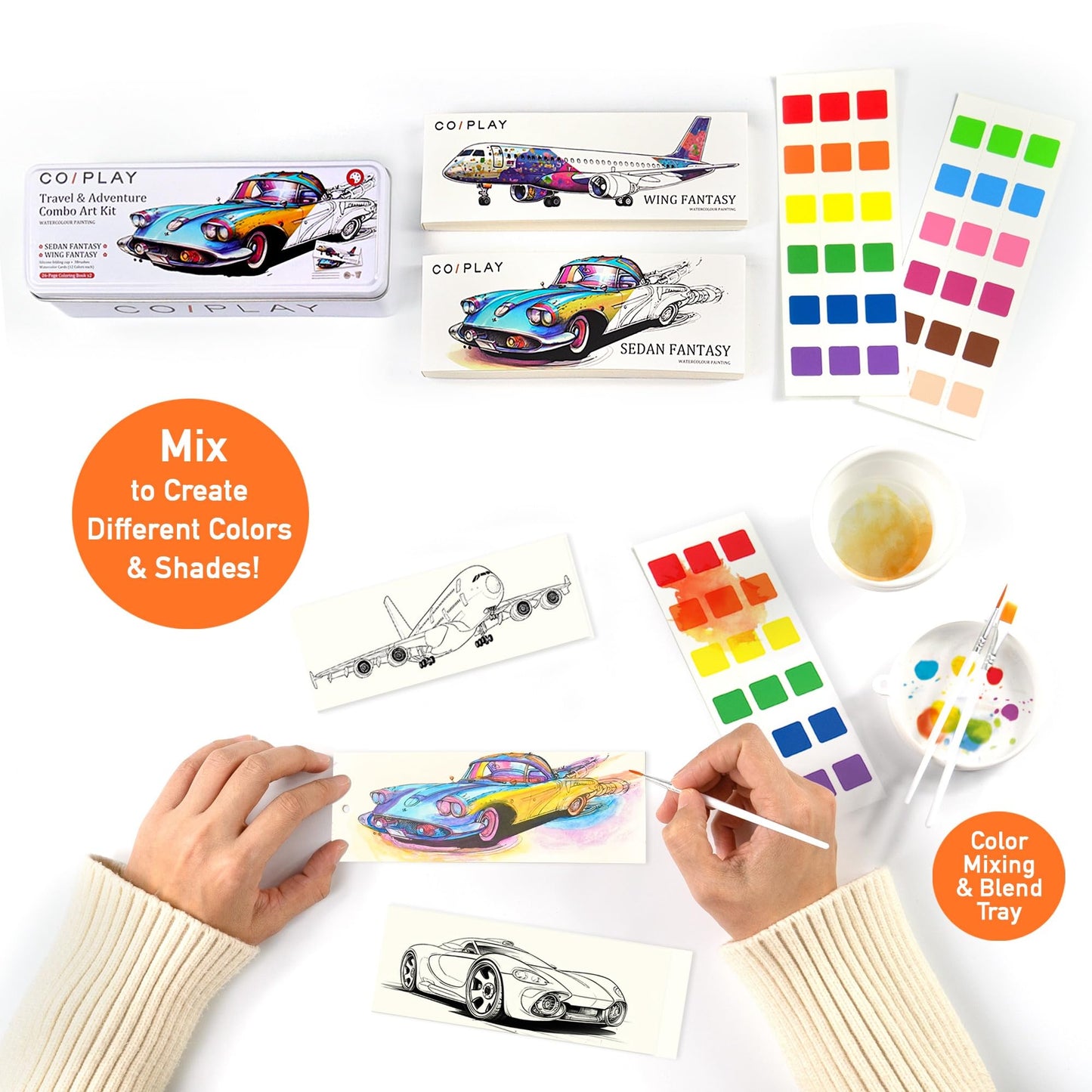 Coiplay 648 Color Blocks Watercolor Paint Set, 52-Bookmarks, 3 Brushes, Silicone Cup, Travel & Adventure Coloring Books, For All