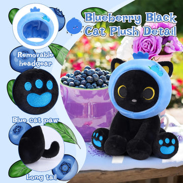 Hagusahuo Black Cat Plush 8inch Blueberry Cat Stuffed Animals for Kids Cartoon Cats Plush Cute Kitten Stuffy Gift for Kids Girl Boys Toddler Birthday