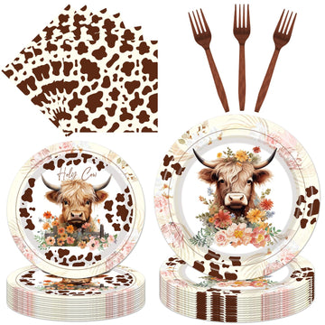 Highland Cow Party Supplies Tableware - 96 Pcs Brown Cow Tableware Disposable Plates Napkins Forks Sets For 24 Guests, Highland