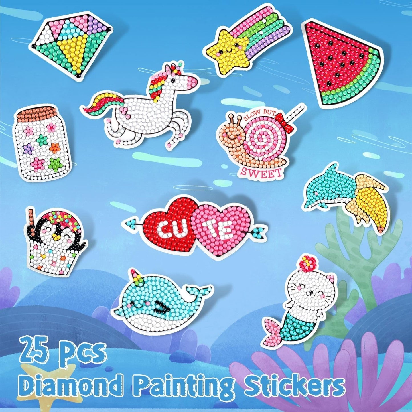 Cymbana 5D Painting Diamond Stickers Kits 25 Pcs Diamonds Dots Arts And Crafts For Kids Ages 6-8 8-12 Contains Unicorn, Mermaid,