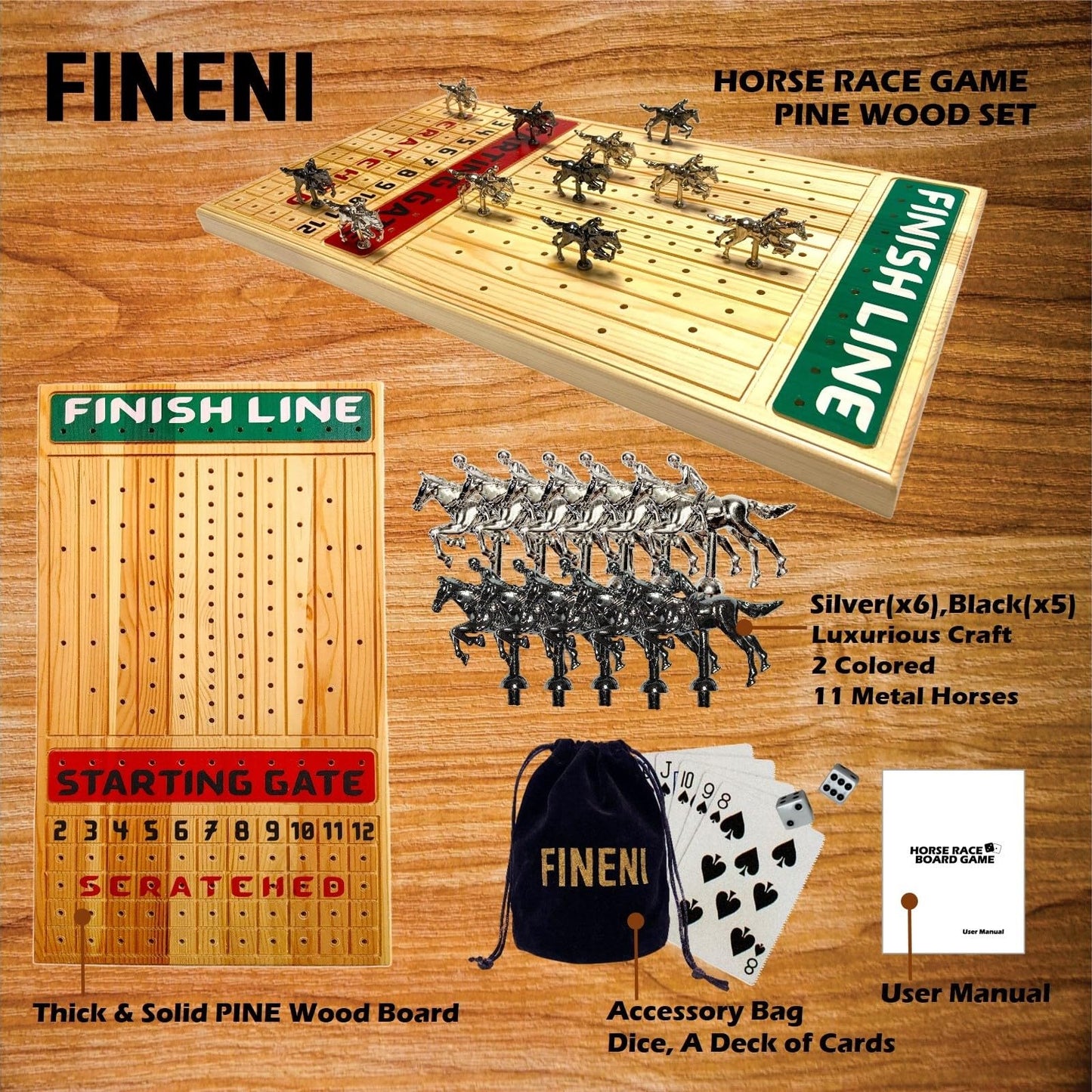 FINENI Horse Racing Game for Adults - 22” Pine Wood Board with 11 Metal Horses, Dice & Cards, Log Color2
