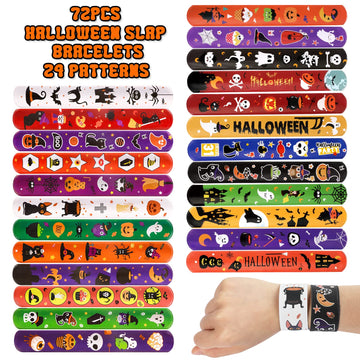 MGparty 72PCS Halloween Slap Bracelets 24 Halloween Theme Designs Spider Pumpkin Ghost Zombie Bat Witches Snap Bracelet for Kids