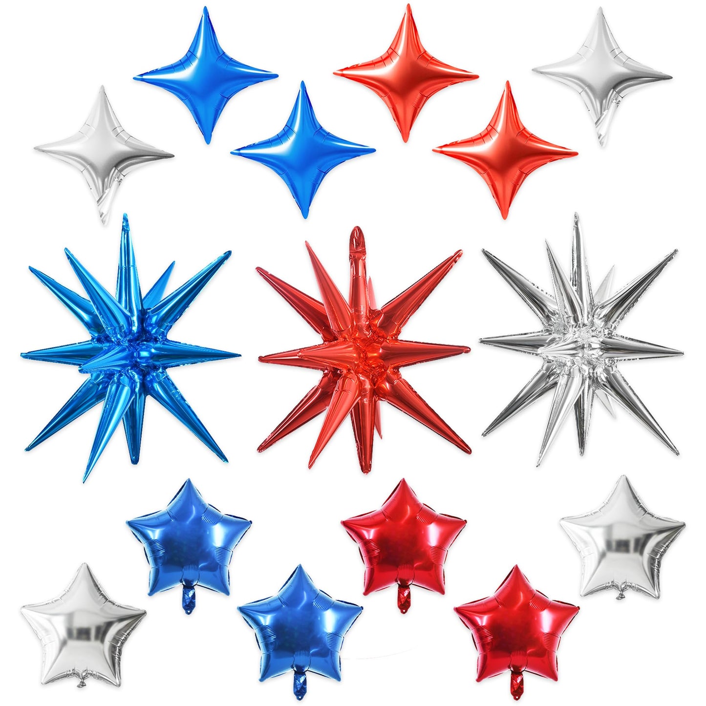 TONIFUL 22Inch 15Pcs Red Blue Silver Explosion Star Balloons and 10Inch Four Pointed Star Balloons Set for Christmas New Year Bi