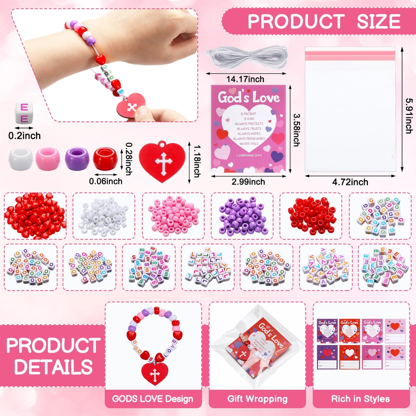 48 Pack Christian Valentines Crafts Gift, 24 Religious Valentine Cards, 24 Set Heart Beaded Bracelets with God's Love for Sunday