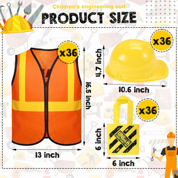 Hillban 108 Pcs Construction Vest For Kids Birthday Party Supplies Including 36 Tote Bags, 36 Construction Vests And Hats For Co