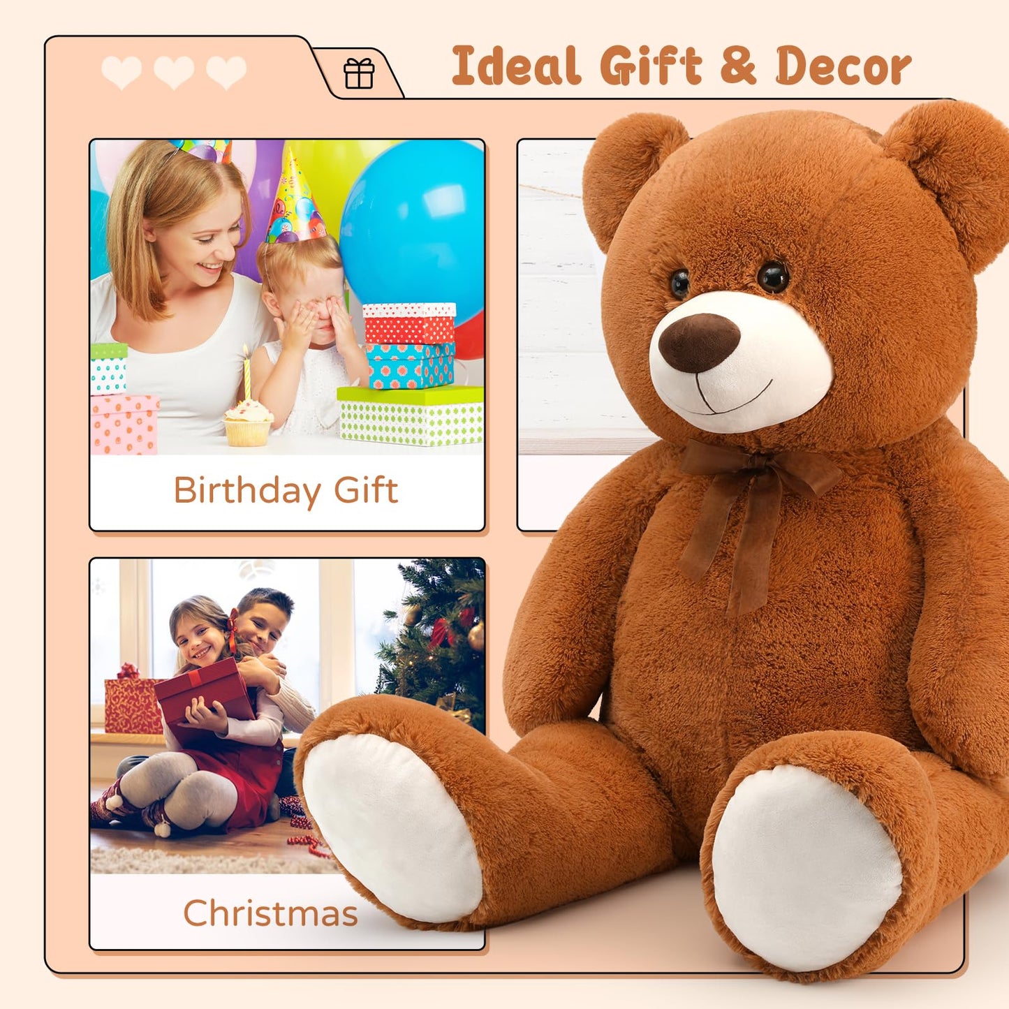 Tezituor Giant Teddy Bear Stuffed Animal 51In, Big Stuffed Bear Plush For Baby Shower, Soft Life Size Teddy Bear Gift For Kids, Girlfriend On Birthday, Valentine, Christmas(Brown)