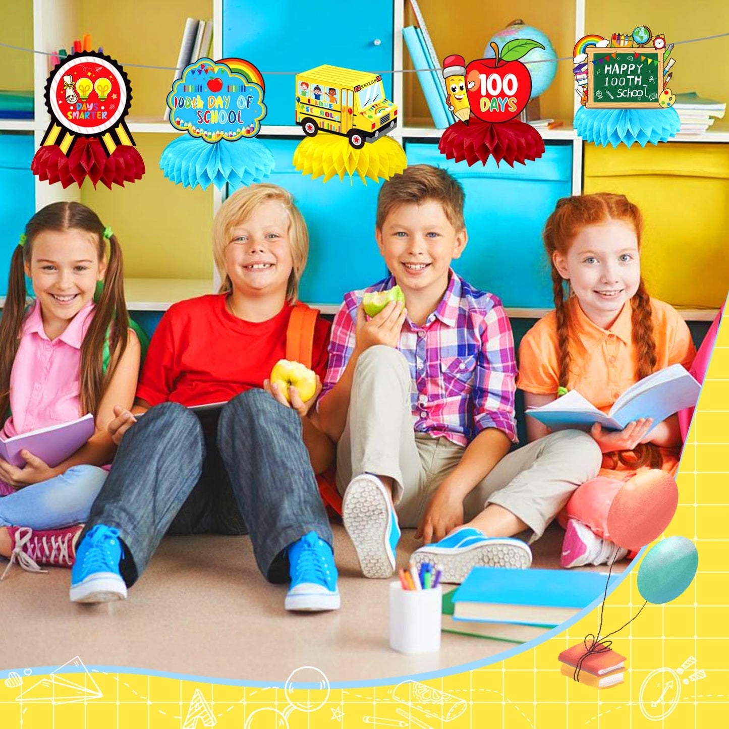 JULMELON 100th Day of School Decorations Honeycomb Centerpiece, 8 PCS Happy 100 Days Of School Centerpieces for Tables 100 Days