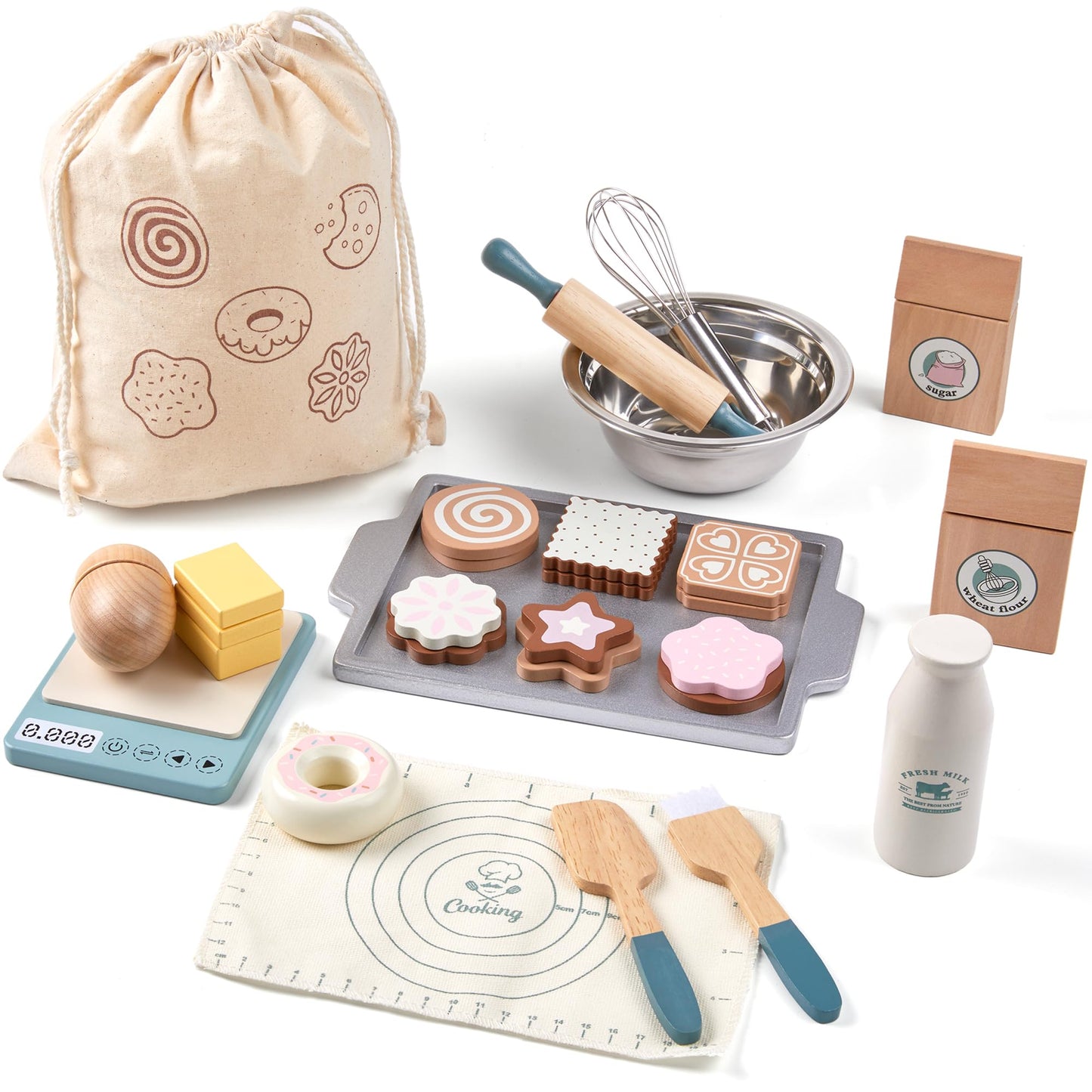 Toywoo Wooden Play Food Set for Kids - Pretend Kitchen Accessories with Shopping Bag & Cutting Toys, Gift for Ages 3-6, White/Brown/Pink