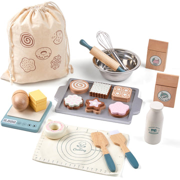 Toywoo Wooden Play Food Set for Kids - Pretend Kitchen Accessories with Shopping Bag & Cutting Toys, Gift for Ages 3-6, White/Brown/Pink