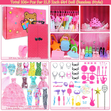 Bjdbus 110 Pcs Doll Wardrobe With Clothes And Accessories, Closet Set For 11.5 Inch Girl Doll Storage Wedding Gown Fashion Dresses Skirts Tops Pants Outfits Bikini Swimsuits Hangers Shoes Other Stuff